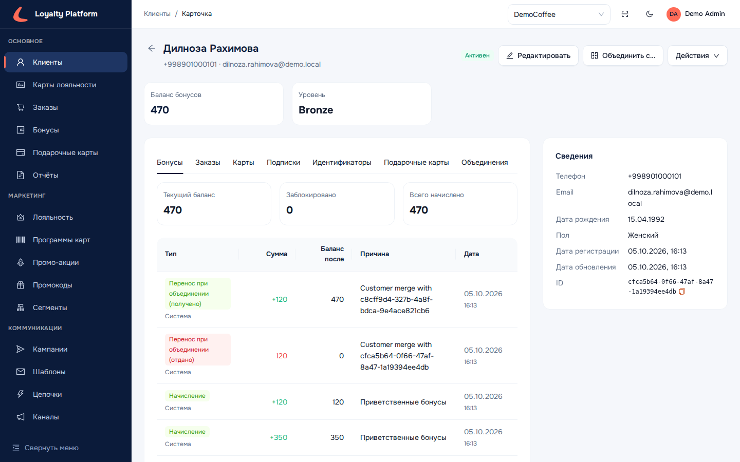 Карточка главного профиля после объединения